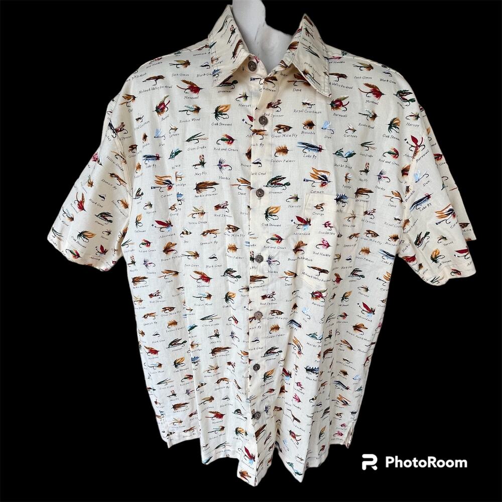 High Seas Trading Co Fly Fishing Short Sleeve Button Front Cotton Shirt Mens L